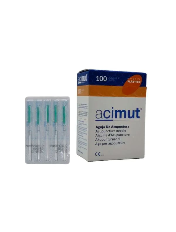 Aguja de acupuntura siliconada de acero con mango de plástico sin guía - 100 uds. (Acimut)